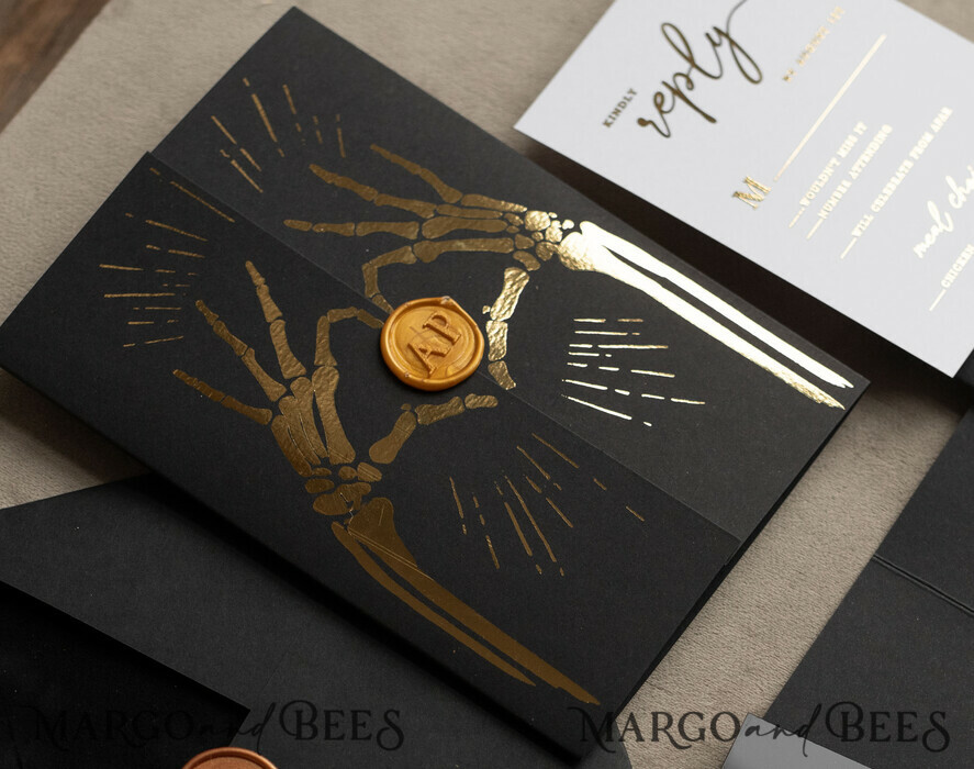 HOCHZEITS EINLADUNGEN Gold / Roségold / Silber / Glitzer Halloween Gold HochzeitsEinladungen, Schwarzes Glanz-Acryl Einladungsset, Gruselige Plexi Einladungen Goth HochzeitsEinladungskarten, Goldene Skelett HochzeitsSet