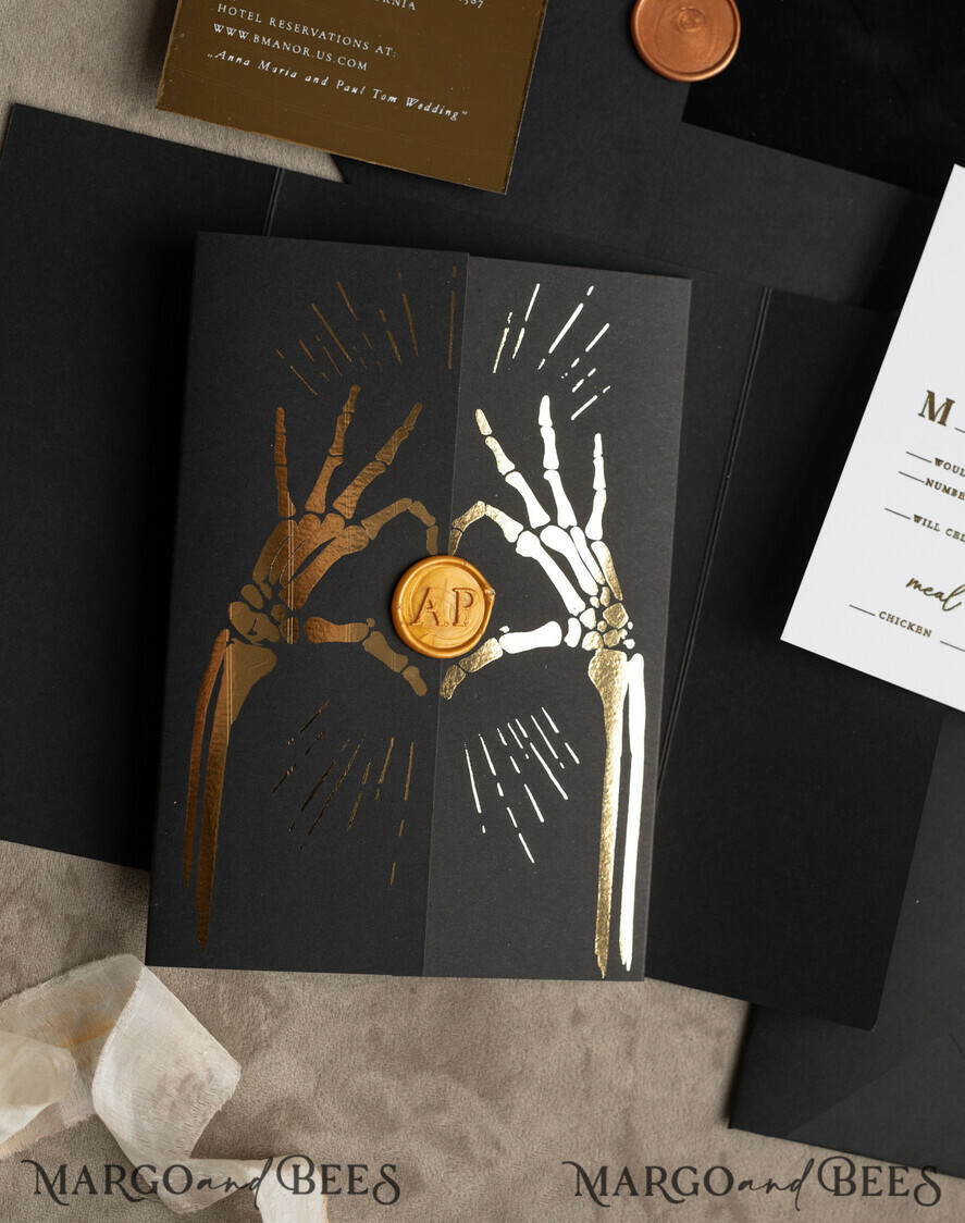 HOCHZEITS EINLADUNGEN Gold / Roségold / Silber / Glitzer Halloween Gold HochzeitsEinladungen, Schwarzes Glanz-Acryl Einladungsset, Gruselige Plexi Einladungen Goth HochzeitsEinladungskarten, Goldene Skelett HochzeitsSet