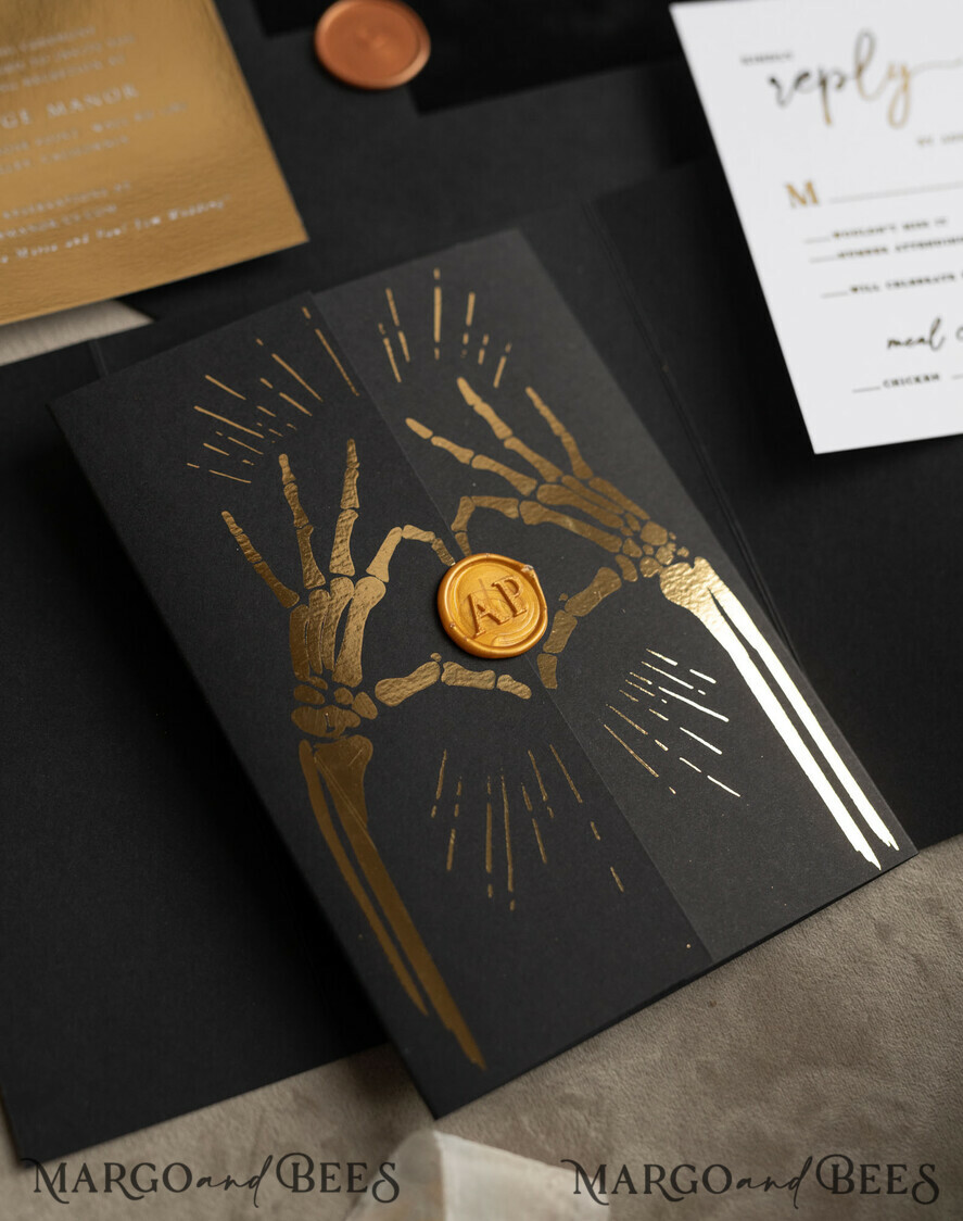 HOCHZEITS EINLADUNGEN Gold / Roségold / Silber / Glitzer Halloween Gold HochzeitsEinladungen, Schwarzes Glanz-Acryl Einladungsset, Gruselige Plexi Einladungen Goth HochzeitsEinladungskarten, Goldene Skelett HochzeitsSet