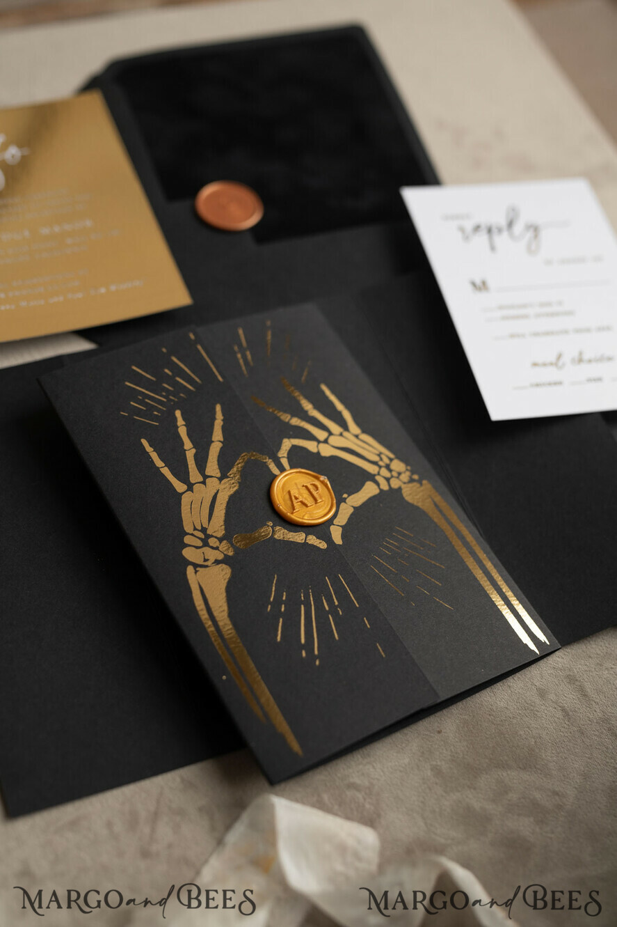 HOCHZEITS EINLADUNGEN Gold / Roségold / Silber / Glitzer Halloween Gold HochzeitsEinladungen, Schwarzes Glanz-Acryl Einladungsset, Gruselige Plexi Einladungen Goth HochzeitsEinladungskarten, Goldene Skelett HochzeitsSet