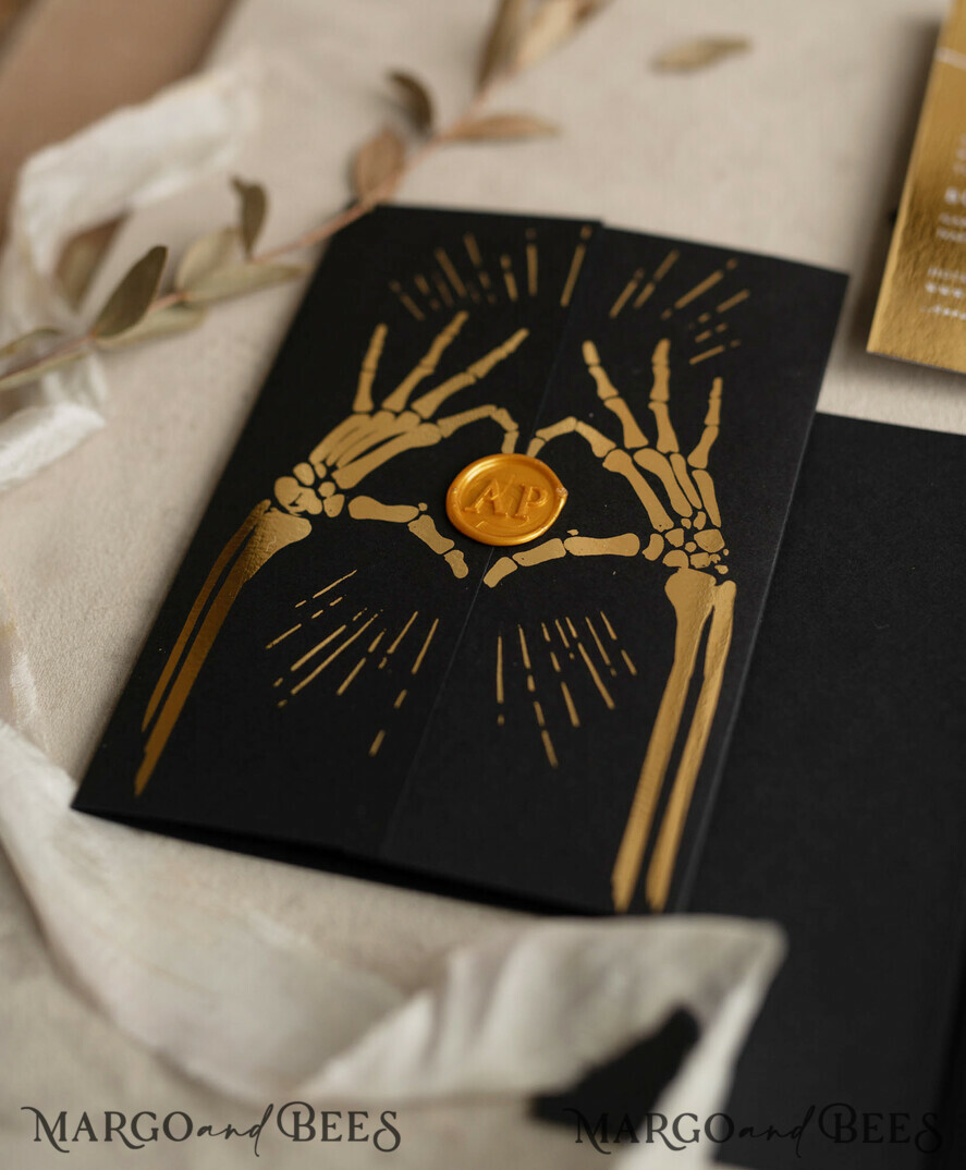 HOCHZEITS EINLADUNGEN Gold / Roségold / Silber / Glitzer Halloween Gold HochzeitsEinladungen, Schwarzes Glanz-Acryl Einladungsset, Gruselige Plexi Einladungen Goth HochzeitsEinladungskarten, Goldene Skelett HochzeitsSet