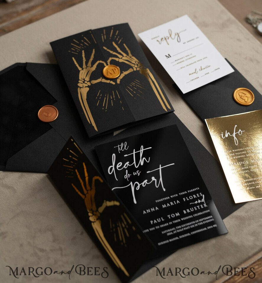 HOCHZEITS EINLADUNGEN Gold / Roségold / Silber / Glitzer Halloween Gold HochzeitsEinladungen, Schwarzes Glanz-Acryl Einladungsset, Gruselige Plexi Einladungen Goth HochzeitsEinladungskarten, Goldene Skelett HochzeitsSet