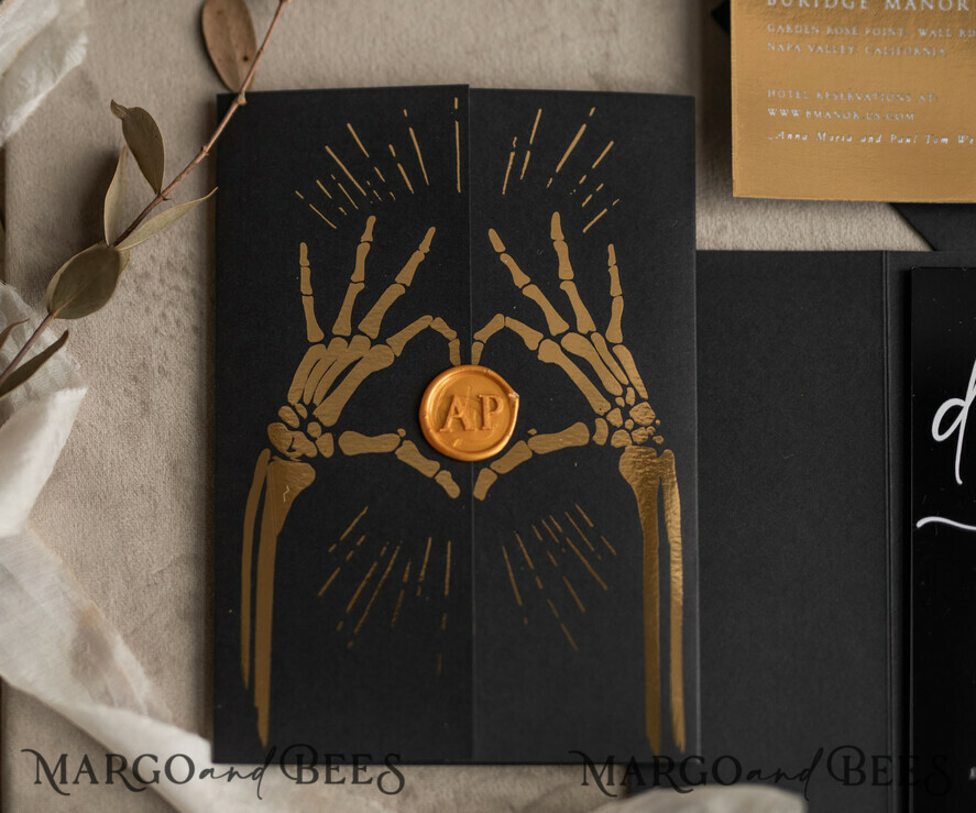 HOCHZEITS EINLADUNGEN Gold / Roségold / Silber / Glitzer Halloween Gold HochzeitsEinladungen, Schwarzes Glanz-Acryl Einladungsset, Gruselige Plexi Einladungen Goth HochzeitsEinladungskarten, Goldene Skelett HochzeitsSet