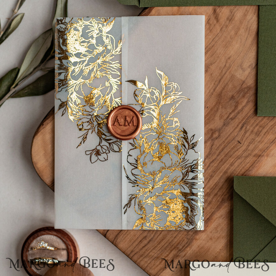 HOCHZEITS EINLADUNGEN Gold / Roségold / Silber / Glitzer Griechenland Olive Branch Hochzeits Einladung, Acryl olivgrüne Hochzeits Einladungskarten, Goldene Hochzeits Einladungen