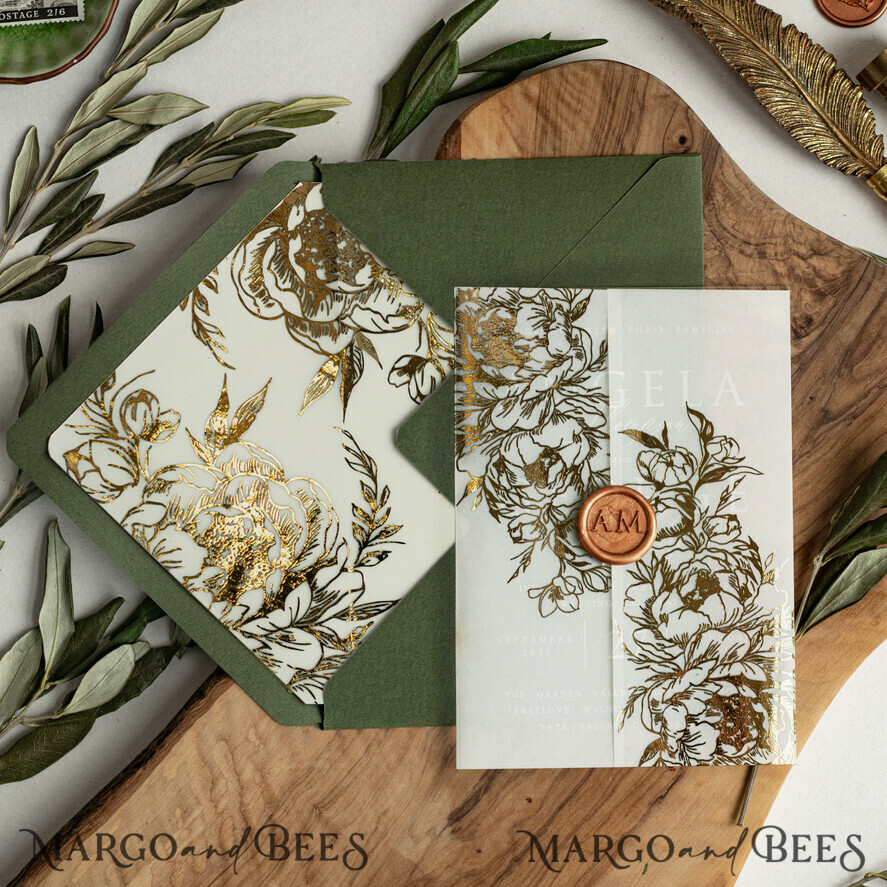 HOCHZEITS EINLADUNGEN Gold / Roségold / Silber / Glitzer Griechenland Olive Branch Hochzeits Einladung, Acryl olivgrüne Hochzeits Einladungskarten, Goldene Hochzeits Einladungen