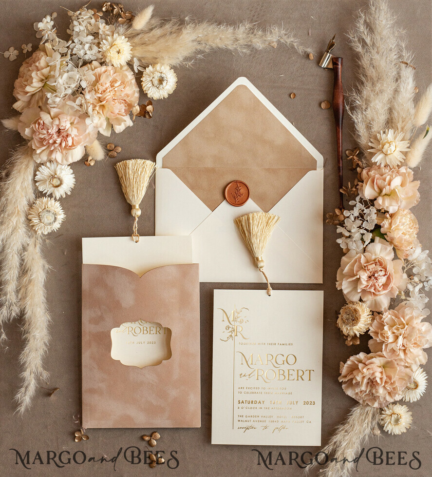 HOCHZEITS EINLADUNGEN Gold / Roségold / Silber / Glitzer Benutzerdefinierte Hochzeitseinladungen samt Velours-Cremetasche, elegante goldene Quaste Hochzeitseinladungen, goldene Hochzeitseinladung-Suite, Luxus-Hochzeitskarten