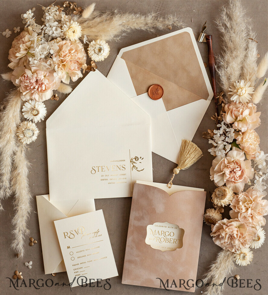 HOCHZEITS EINLADUNGEN Gold / Roségold / Silber / Glitzer Benutzerdefinierte Hochzeitseinladungen samt Velours-Cremetasche, elegante goldene Quaste Hochzeitseinladungen, goldene Hochzeitseinladung-Suite, Luxus-Hochzeitskarten