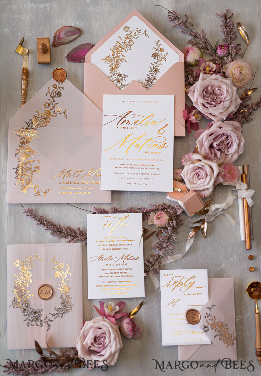 HOCHZEITS EINLADUNGEN Gold / Roségold / Silber / Glitzer Glamour Goldener Glanz Hochzeitskarten, Romantische Blush-Pink Hochzeitskarte Suite, Luxuriöse Goldfolien-Hochzeitskarten, Elegante weiße Vellum-Einladungen.