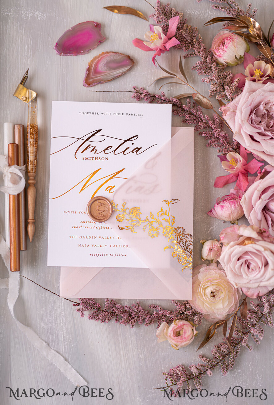 HOCHZEITS EINLADUNGEN Gold / Roségold / Silber / Glitzer Glamour Goldener Glanz Hochzeitskarten, Romantische Blush-Pink Hochzeitskarte Suite, Luxuriöse Goldfolien-Hochzeitskarten, Elegante weiße Vellum-Einladungen.