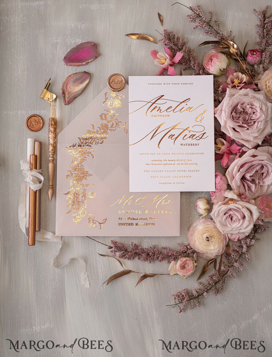 HOCHZEITS EINLADUNGEN Gold / Roségold / Silber / Glitzer Glamour Goldener Glanz Hochzeitskarten, Romantische Blush-Pink Hochzeitskarte Suite, Luxuriöse Goldfolien-Hochzeitskarten, Elegante weiße Vellum-Einladungen.