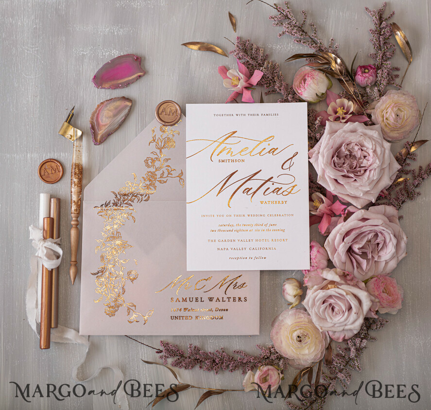 HOCHZEITS EINLADUNGEN Gold / Roségold / Silber / Glitzer Glamour Goldener Glanz Hochzeitskarten, Romantische Blush-Pink Hochzeitskarte Suite, Luxuriöse Goldfolien-Hochzeitskarten, Elegante weiße Vellum-Einladungen.