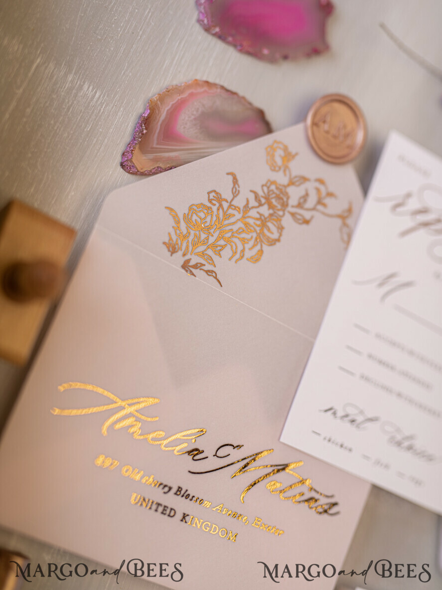HOCHZEITS EINLADUNGEN Gold / Roségold / Silber / Glitzer Glamour Goldener Glanz Hochzeitskarten, Romantische Blush-Pink Hochzeitskarte Suite, Luxuriöse Goldfolien-Hochzeitskarten, Elegante weiße Vellum-Einladungen.