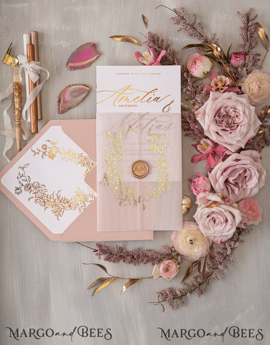 HOCHZEITS EINLADUNGEN Gold / Roségold / Silber / Glitzer Glamour Goldener Glanz Hochzeitskarten, Romantische Blush-Pink Hochzeitskarte Suite, Luxuriöse Goldfolien-Hochzeitskarten, Elegante weiße Vellum-Einladungen.