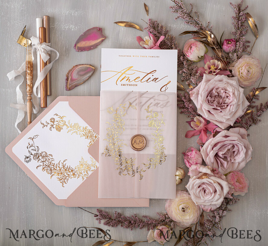 HOCHZEITS EINLADUNGEN Gold / Roségold / Silber / Glitzer Glamour Goldener Glanz Hochzeitskarten, Romantische Blush-Pink Hochzeitskarte Suite, Luxuriöse Goldfolien-Hochzeitskarten, Elegante weiße Vellum-Einladungen.