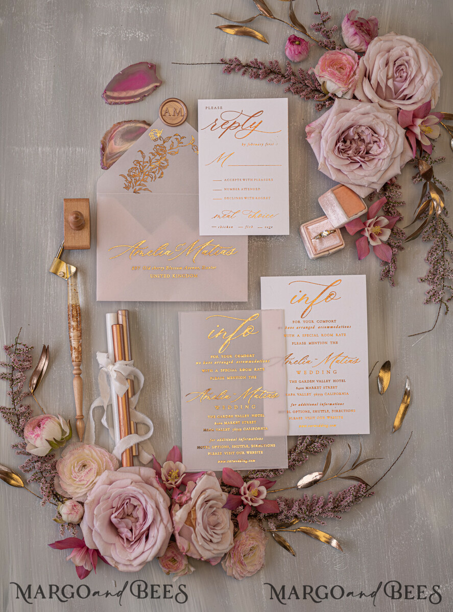 HOCHZEITS EINLADUNGEN Gold / Roségold / Silber / Glitzer Glamour Goldener Glanz Hochzeitskarten, Romantische Blush-Pink Hochzeitskarte Suite, Luxuriöse Goldfolien-Hochzeitskarten, Elegante weiße Vellum-Einladungen.