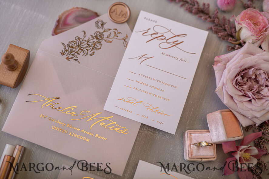 HOCHZEITS EINLADUNGEN Gold / Roségold / Silber / Glitzer Glamour Goldener Glanz Hochzeitskarten, Romantische Blush-Pink Hochzeitskarte Suite, Luxuriöse Goldfolien-Hochzeitskarten, Elegante weiße Vellum-Einladungen.