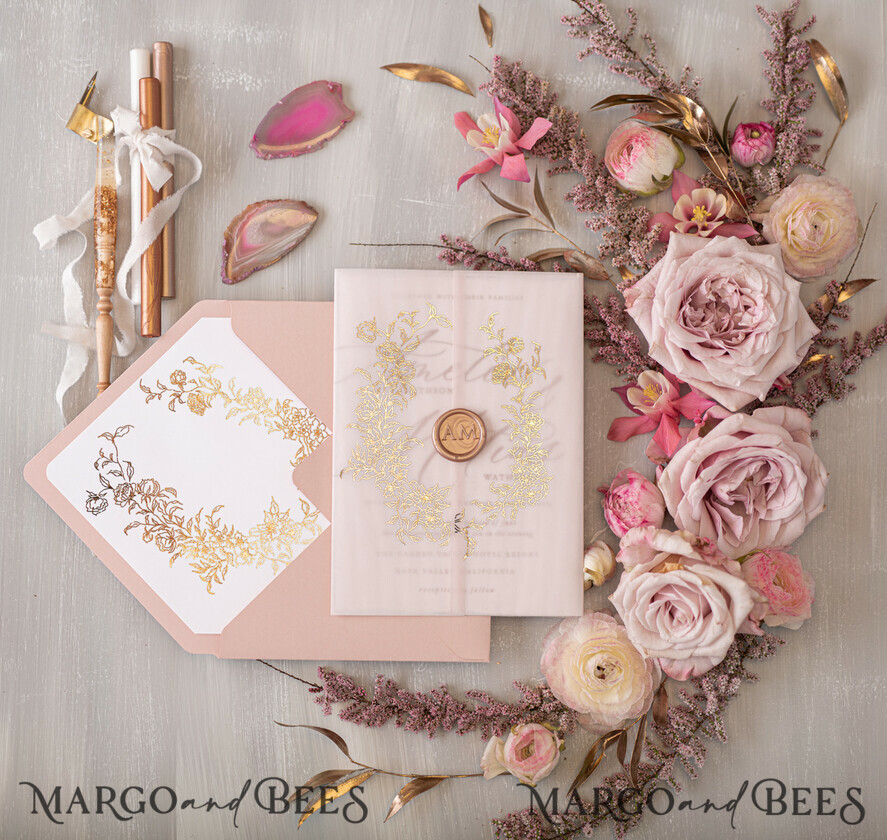 HOCHZEITS EINLADUNGEN Gold / Roségold / Silber / Glitzer Glamour Goldener Glanz Hochzeitskarten, Romantische Blush-Pink Hochzeitskarte Suite, Luxuriöse Goldfolien-Hochzeitskarten, Elegante weiße Vellum-Einladungen.