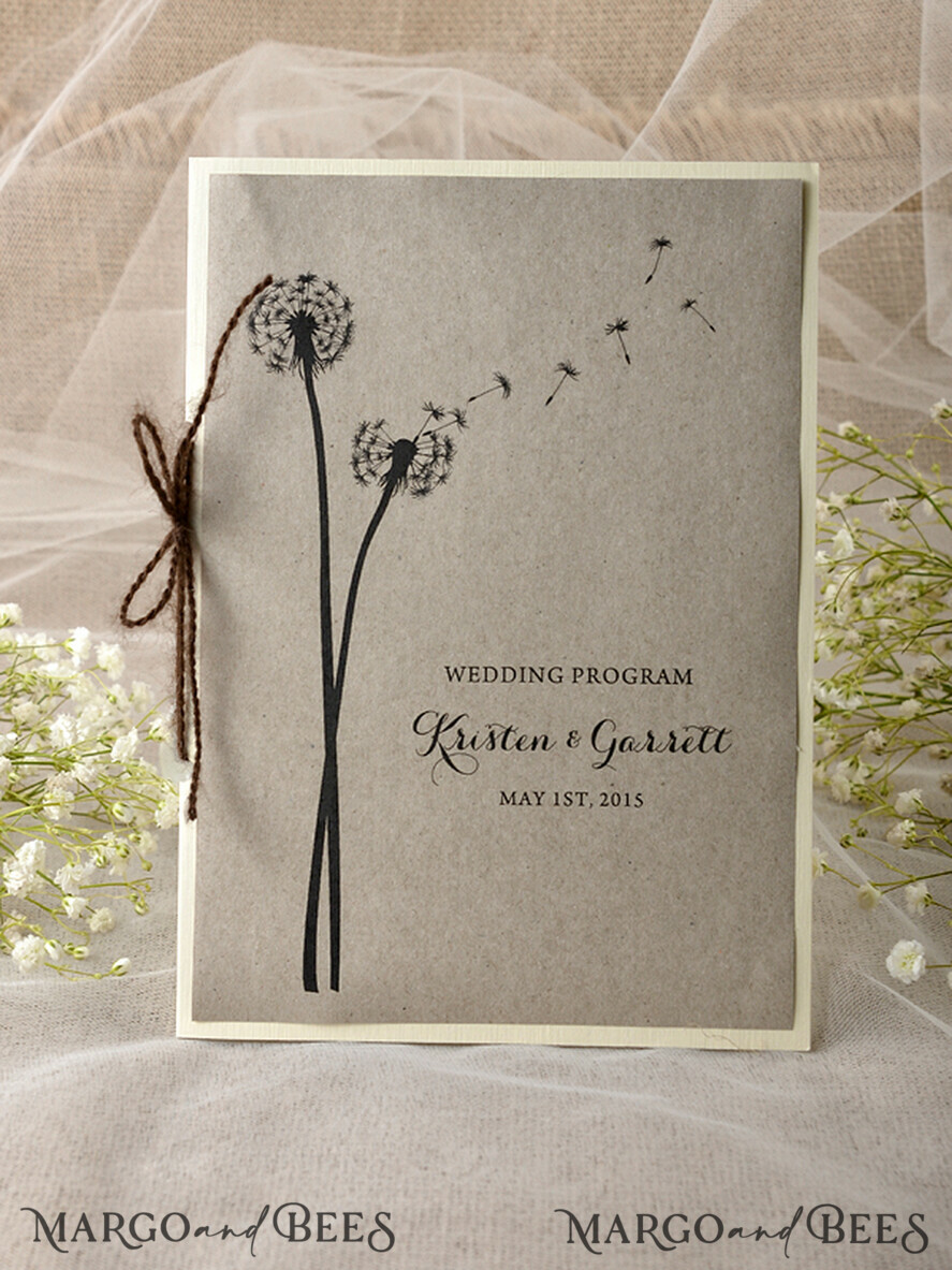 MENÜ & PROGRAMME  
 rustikal Rustikales Löwenzahn-Hochzeitsprogramm mit Bindfaden, Scheunenhochzeitsprogramm, ökologische romantische personalisierte Karten, einfaches rustikales Spitzenhochzeitsprogramm, elegantes Heft braune Hochzeitskarten