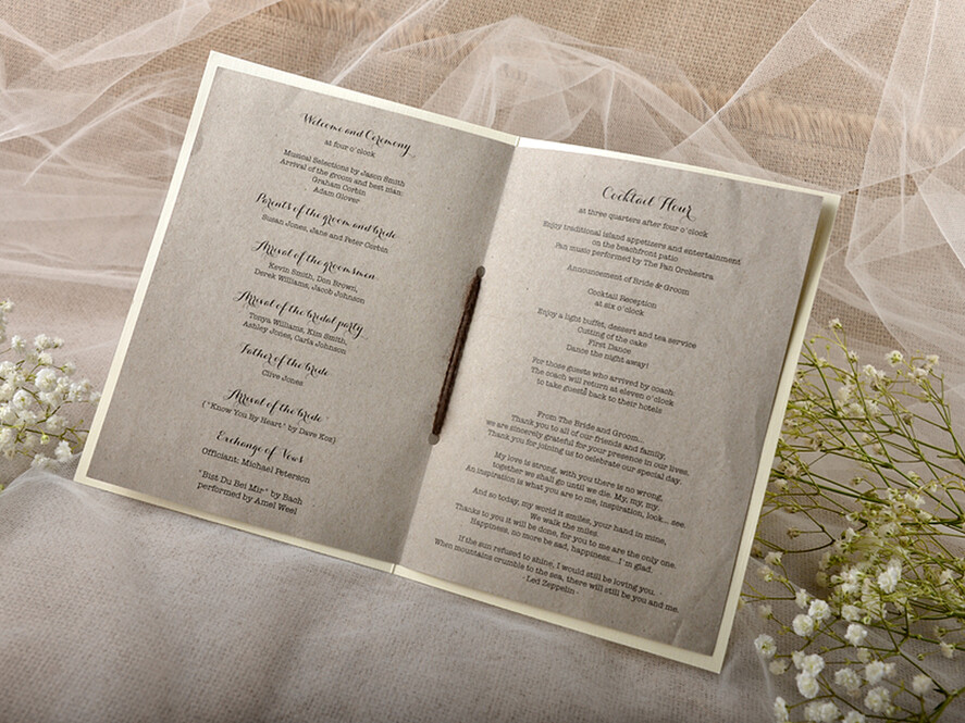 MENÜ & PROGRAMME  
 rustikal Rustikales Löwenzahn-Hochzeitsprogramm mit Bindfaden, Scheunenhochzeitsprogramm, ökologische romantische personalisierte Karten, einfaches rustikales Spitzenhochzeitsprogramm, elegantes Heft braune Hochzeitskarten