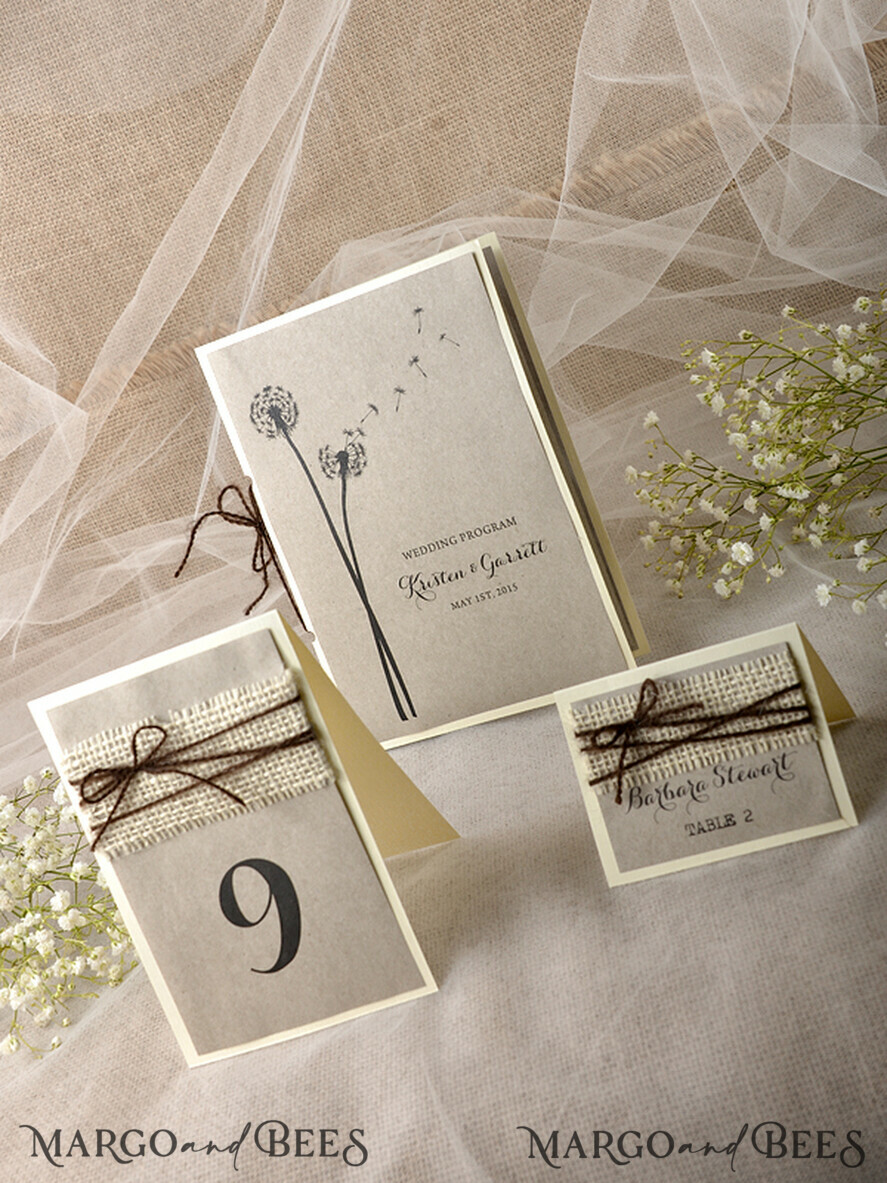 MENÜ & PROGRAMME  
 rustikal Rustikales Löwenzahn-Hochzeitsprogramm mit Bindfaden, Scheunenhochzeitsprogramm, ökologische romantische personalisierte Karten, einfaches rustikales Spitzenhochzeitsprogramm, elegantes Heft braune Hochzeitskarten