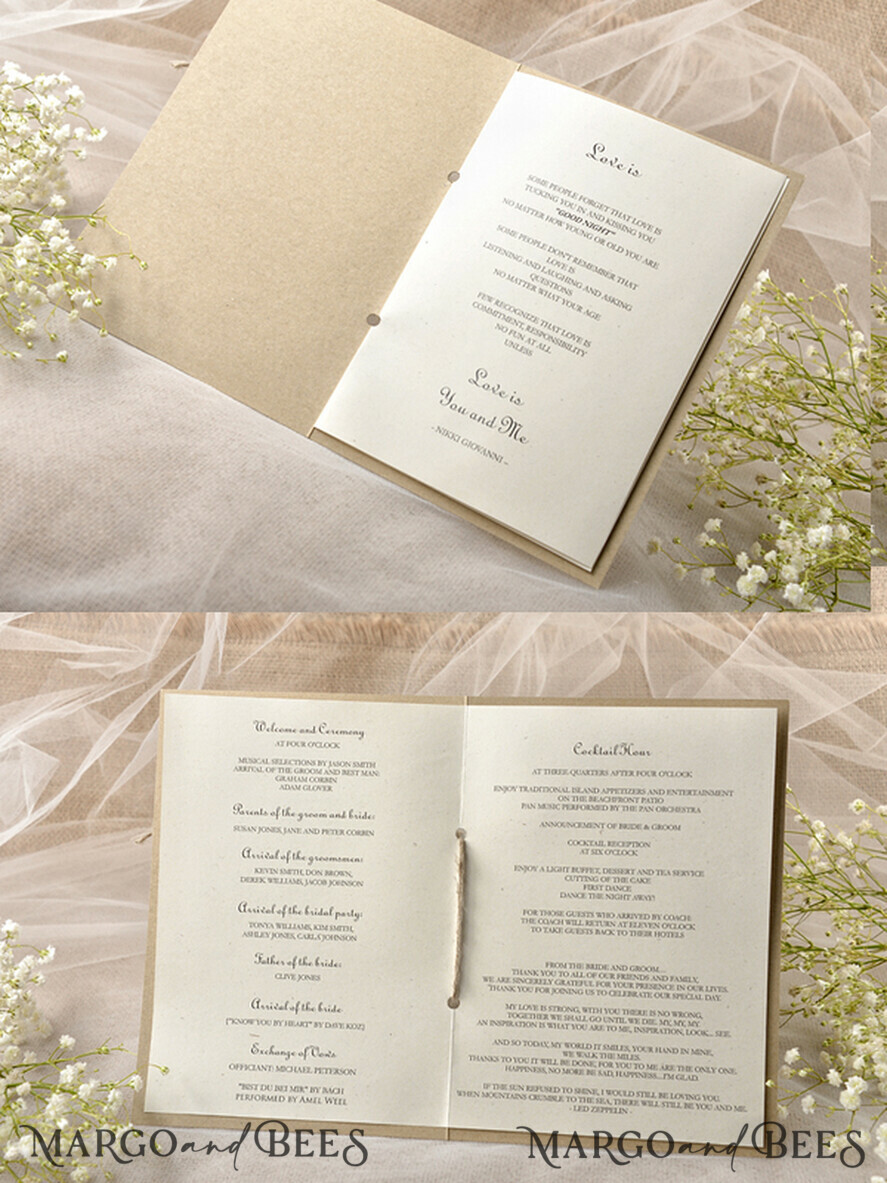 MENÜ & PROGRAMME  
 rustikal Ecru Rustikales Hochzeitsprogramm mit Spitze, Scheunenhochzeitsprogramm, Eco-romantische personalisierte Karten mit Schnur, einfaches rustikales Spitzenhochzeitsprogramm, elegantes Heft rustikale Hochzeitskarten