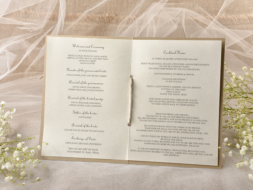 MENÜ & PROGRAMME  
 rustikal Ecru Rustikales Hochzeitsprogramm mit Spitze, Scheunenhochzeitsprogramm, Eco-romantische personalisierte Karten mit Schnur, einfaches rustikales Spitzenhochzeitsprogramm, elegantes Heft rustikale Hochzeitskarten