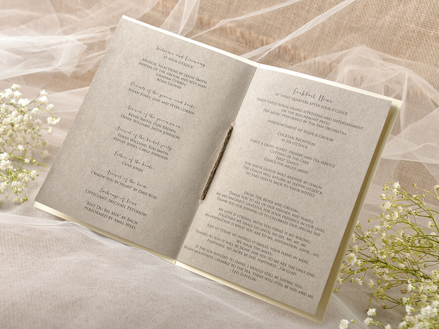 MENÜ & PROGRAMME  
 rustikal Rustikales Hochzeitsprogramm mit Spitze, Scheunenhochzeitsprogramm, eco-romantische personalisierte Karten mit Jute, einfaches rustikales Spitzenhochzeitsprogramm, elegantes Heft braune Hochzeitskarten