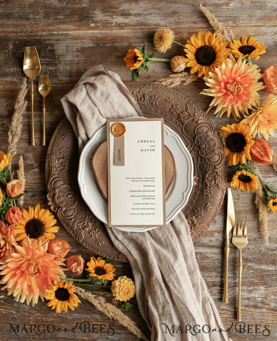 MENÜ & PROGRAMME  
 rustikal Rustikales Hochzeitsmenü mit Wachssiegel, Hochzeitsdinner-Menü für die Scheune, ökologisch romantische personalisierte Karten, Kraft-Hochzeitsmenü, einfaches rustikales Hochzeitsmenü, elegante Ecru-Hochzeitsmenü-Karten