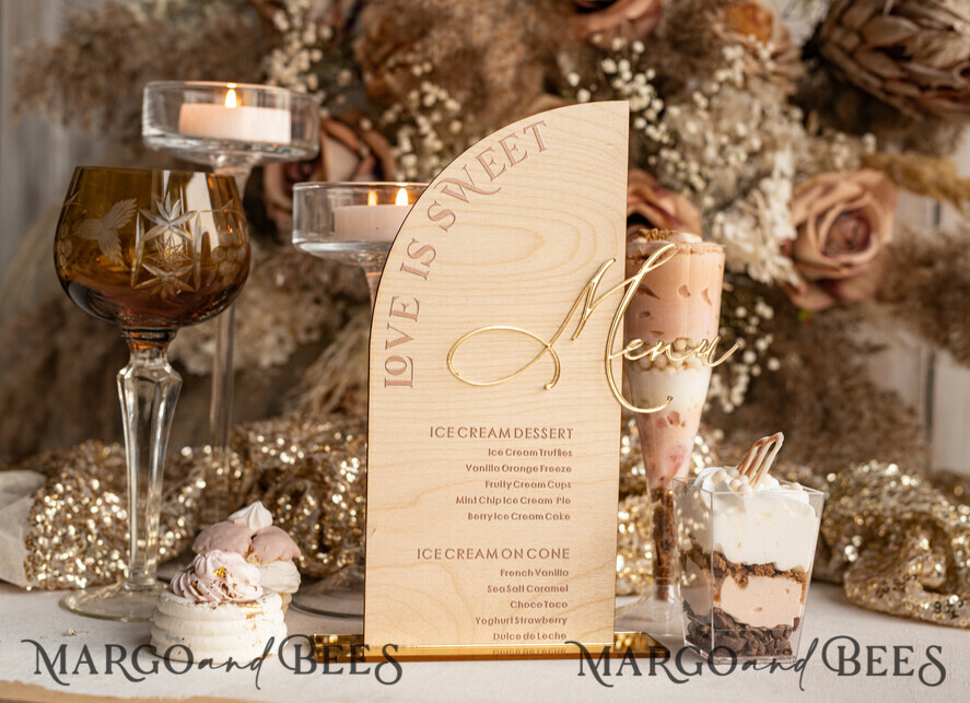 TISCHDEKORATIONSCHILDER   Holz Eco Rustikale Tischnummern Rustikales Holz-Halbkreis-Dessertmenü mit Ständer, Landhaus Holz Acryl gold Süßigkeitenbar-Schild, Natürliches Holz Gold Plexiglas Tischdessertmenü Hochzeits Tischdekoration, Hochzeitsschild Goldener Spiegel und Holz Süßigkeitenbar-Menü