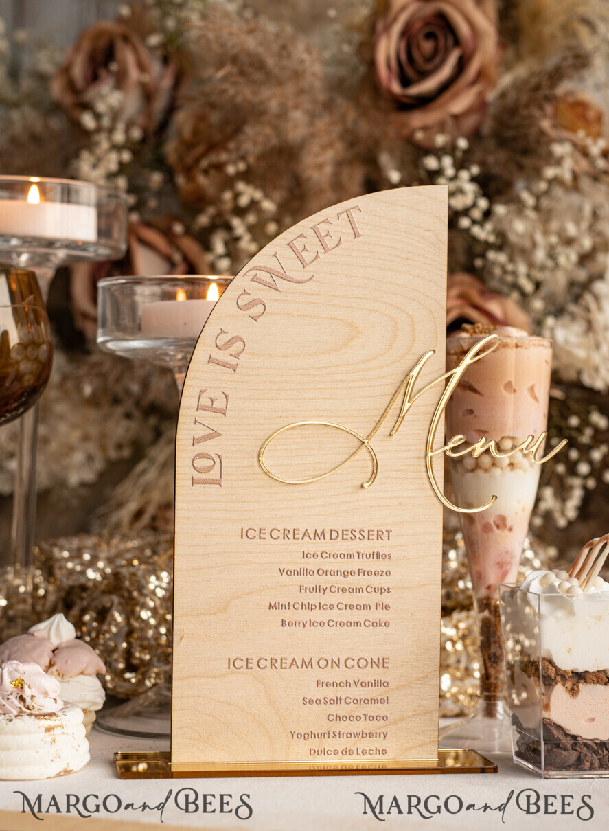 TISCHDEKORATIONSCHILDER   Holz Eco Rustikale Tischnummern Rustikales Holz-Halbkreis-Dessertmenü mit Ständer, Landhaus Holz Acryl gold Süßigkeitenbar-Schild, Natürliches Holz Gold Plexiglas Tischdessertmenü Hochzeits Tischdekoration, Hochzeitsschild Goldener Spiegel und Holz Süßigkeitenbar-Menü