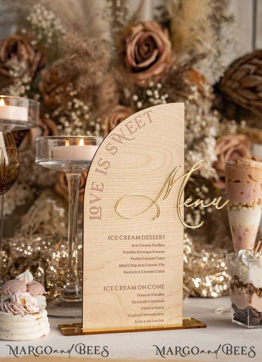 TISCHDEKORATIONSCHILDER   Holz Eco Rustikale Tischnummern Rustikales Holz-Halbkreis-Dessertmenü mit Ständer, Landhaus Holz Acryl gold Süßigkeitenbar-Schild, Natürliches Holz Gold Plexiglas Tischdessertmenü Hochzeits Tischdekoration, Hochzeitsschild Goldener Spiegel und Holz Süßigkeitenbar-Menü