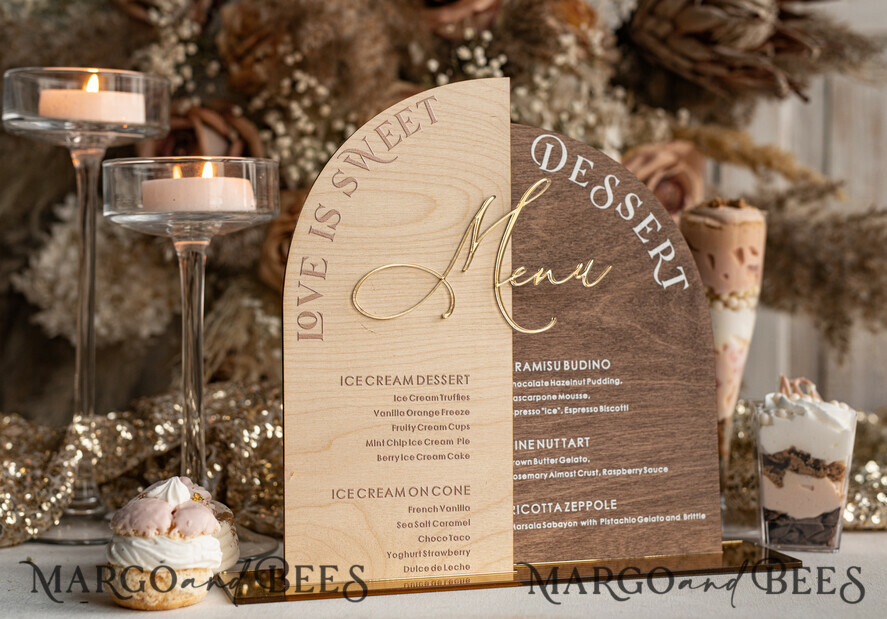 TISCHDEKORATIONSCHILDER   Holz Eco Rustikale Tischnummern Acrylbogen Dessertmenü, Elfenbein gefrorenes Acryl gold Candy Bar Schild, Gold Plexi Tisch Dessertmenü Kombi Luxus Hochzeits Tischdekoration, Hochzeitsbeschilderung Gold.