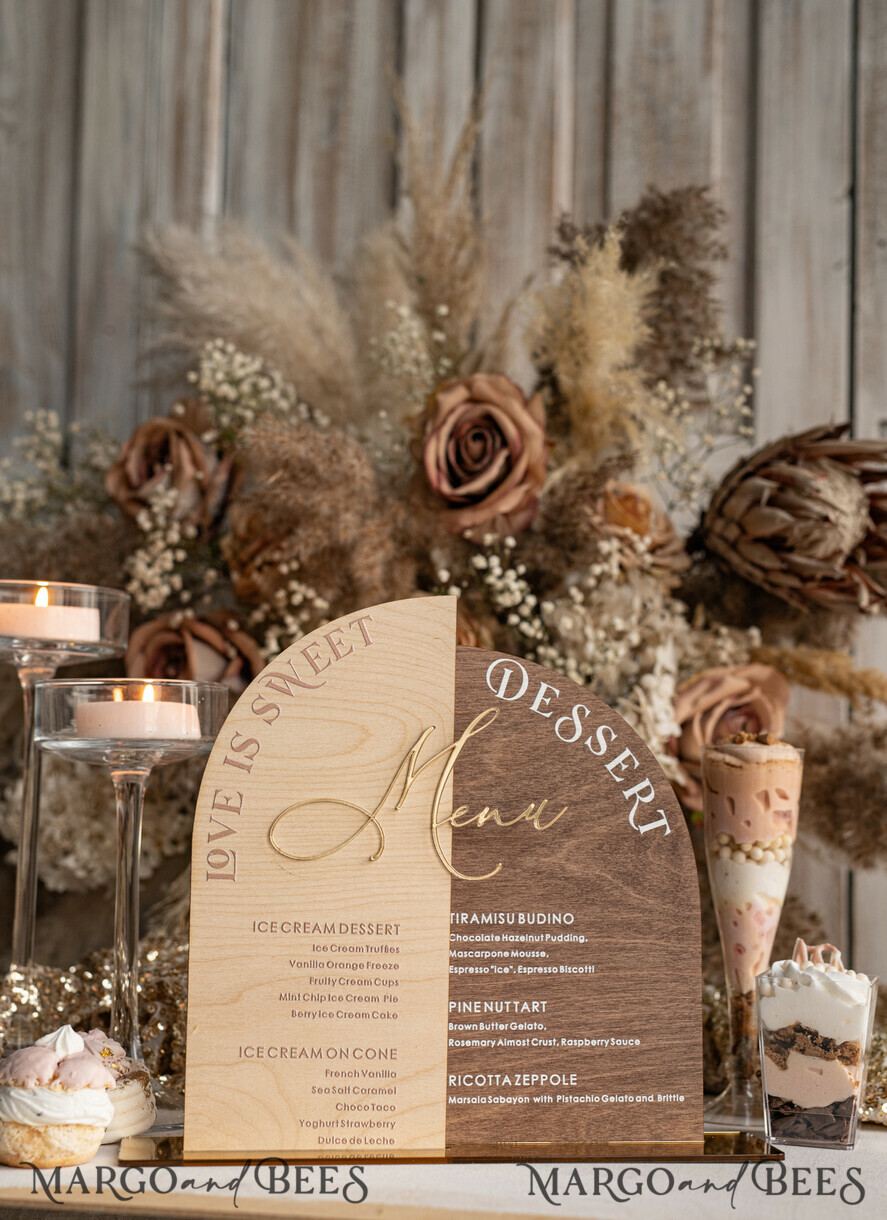 TISCHDEKORATIONSCHILDER   Holz Eco Rustikale Tischnummern Acrylbogen Dessertmenü, Elfenbein gefrorenes Acryl gold Candy Bar Schild, Gold Plexi Tisch Dessertmenü Kombi Luxus Hochzeits Tischdekoration, Hochzeitsbeschilderung Gold.