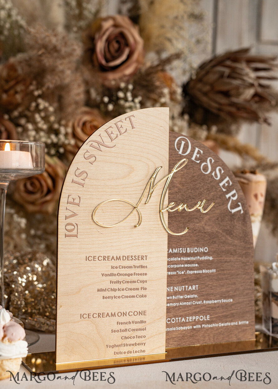 TISCHDEKORATIONSCHILDER   Holz Eco Rustikale Tischnummern Acrylbogen Dessertmenü, Elfenbein gefrorenes Acryl gold Candy Bar Schild, Gold Plexi Tisch Dessertmenü Kombi Luxus Hochzeits Tischdekoration, Hochzeitsbeschilderung Gold.