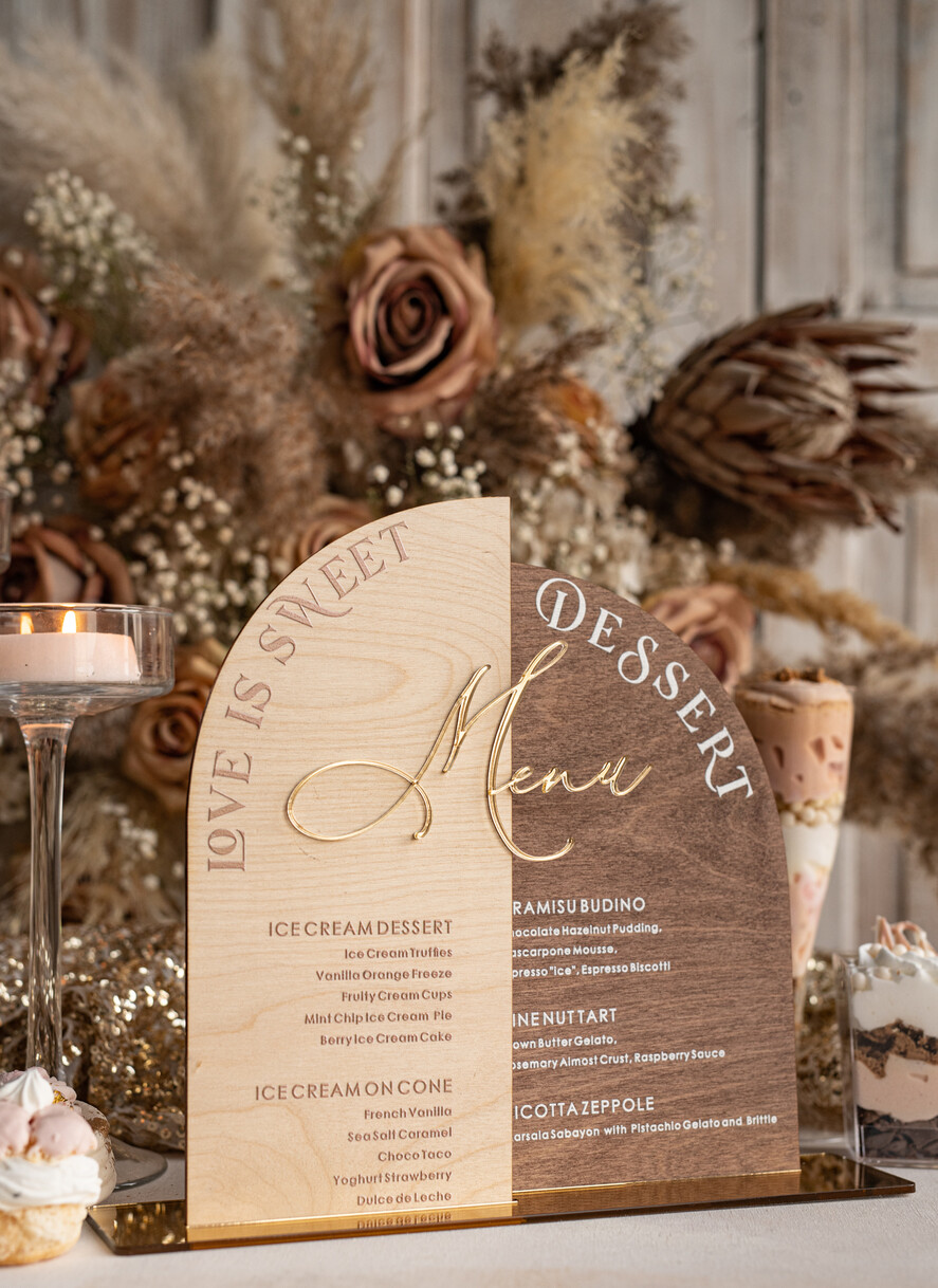 TISCHDEKORATIONSCHILDER   Holz Eco Rustikale Tischnummern Acrylbogen Dessertmenü, Elfenbein gefrorenes Acryl gold Candy Bar Schild, Gold Plexi Tisch Dessertmenü Kombi Luxus Hochzeits Tischdekoration, Hochzeitsbeschilderung Gold.