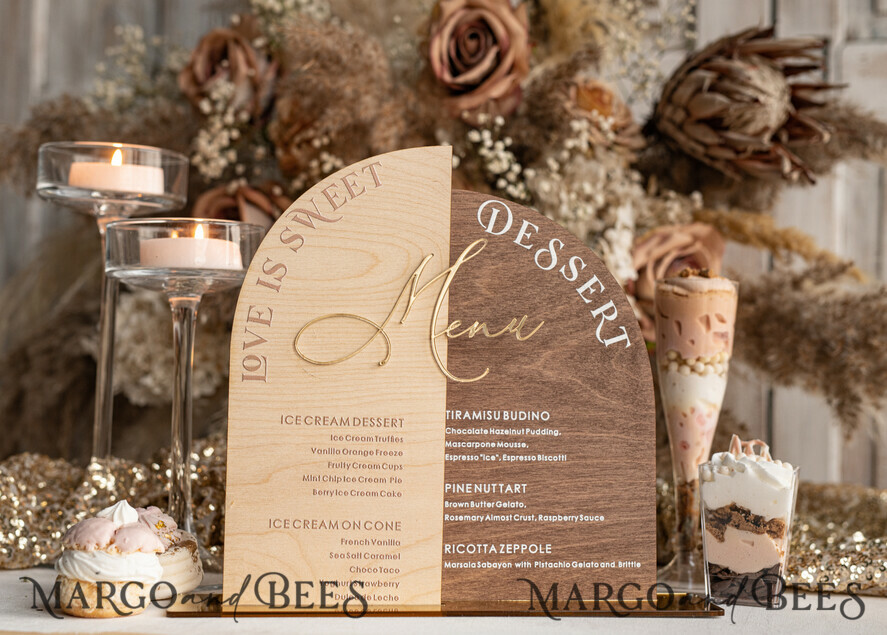 TISCHDEKORATIONSCHILDER   Holz Eco Rustikale Tischnummern Acrylbogen Dessertmenü, Elfenbein gefrorenes Acryl gold Candy Bar Schild, Gold Plexi Tisch Dessertmenü Kombi Luxus Hochzeits Tischdekoration, Hochzeitsbeschilderung Gold.
