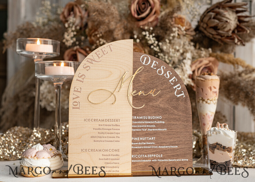 TISCHDEKORATIONSCHILDER   Holz Eco Rustikale Tischnummern Acrylbogen Dessertmenü, Elfenbein gefrorenes Acryl gold Candy Bar Schild, Gold Plexi Tisch Dessertmenü Kombi Luxus Hochzeits Tischdekoration, Hochzeitsbeschilderung Gold.