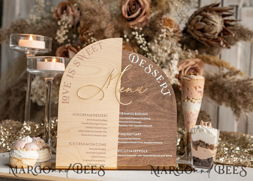 TISCHDEKORATIONSCHILDER   Holz Eco Rustikale Tischnummern Acrylbogen Dessertmenü, Elfenbein gefrorenes Acryl gold Candy Bar Schild, Gold Plexi Tisch Dessertmenü Kombi Luxus Hochzeits Tischdekoration, Hochzeitsbeschilderung Gold.