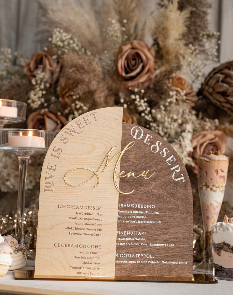 TISCHDEKORATIONSCHILDER   Holz Eco Rustikale Tischnummern Acrylbogen Dessertmenü, Elfenbein gefrorenes Acryl gold Candy Bar Schild, Gold Plexi Tisch Dessertmenü Kombi Luxus Hochzeits Tischdekoration, Hochzeitsbeschilderung Gold.