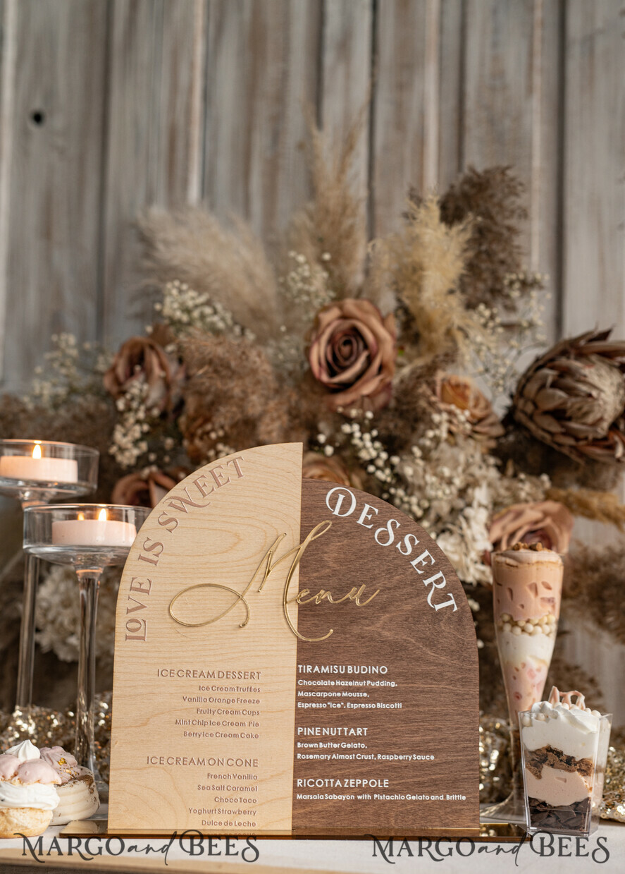 TISCHDEKORATIONSCHILDER   Holz Eco Rustikale Tischnummern Acrylbogen Dessertmenü, Elfenbein gefrorenes Acryl gold Candy Bar Schild, Gold Plexi Tisch Dessertmenü Kombi Luxus Hochzeits Tischdekoration, Hochzeitsbeschilderung Gold.
