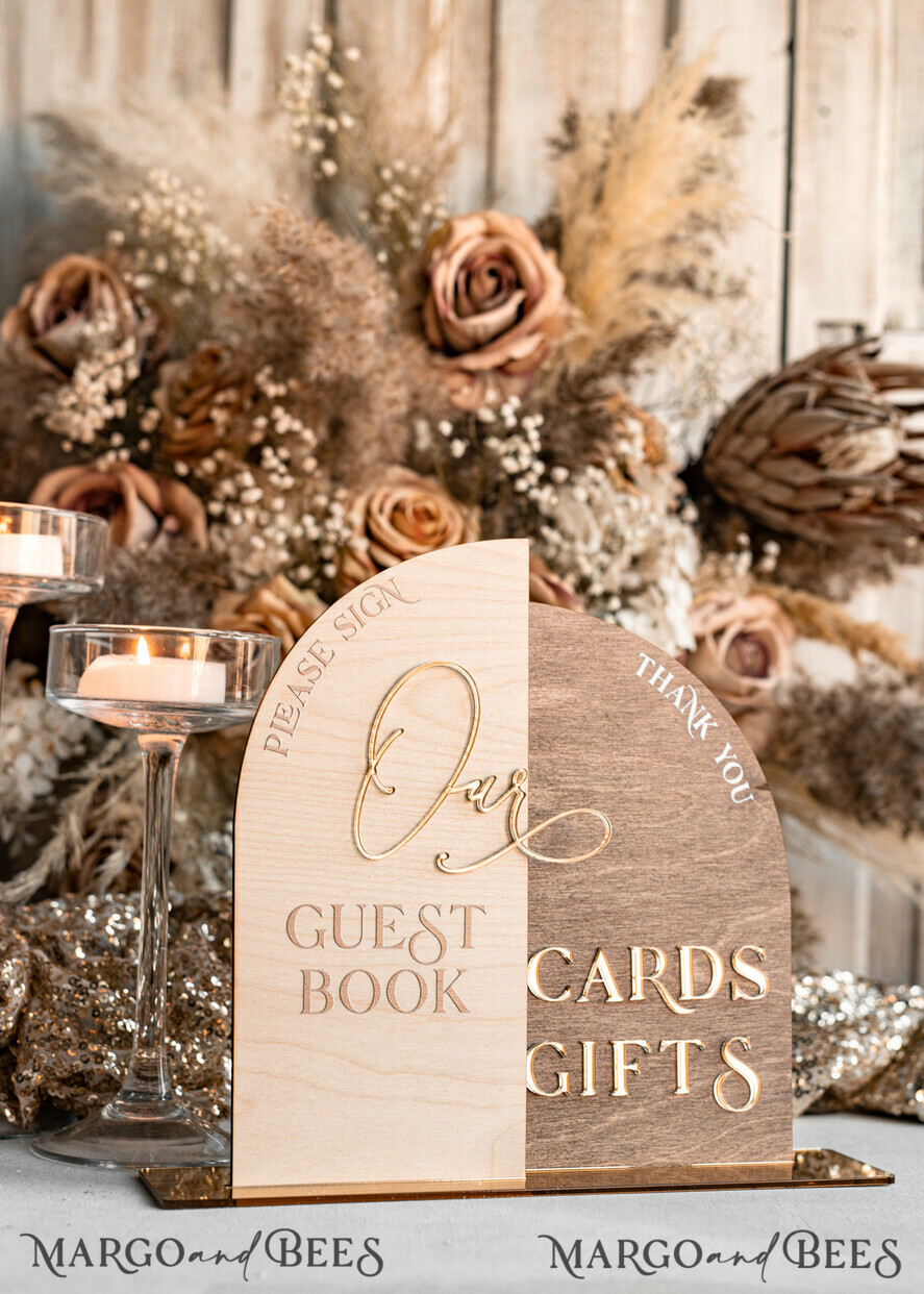 TISCHDEKORATIONSCHILDER   Holz Eco Rustikale Tischnummern Rustikale Holz Gold Acryl Geschenke & Karten Schilder mit Ständer, Holz gold Gästebuch Schild, Goldene Plexi Holz Geschenke & Karten Schilder, Luxuriöse Hochzeits Gästebuch Dekor Tischmittelpunkte.