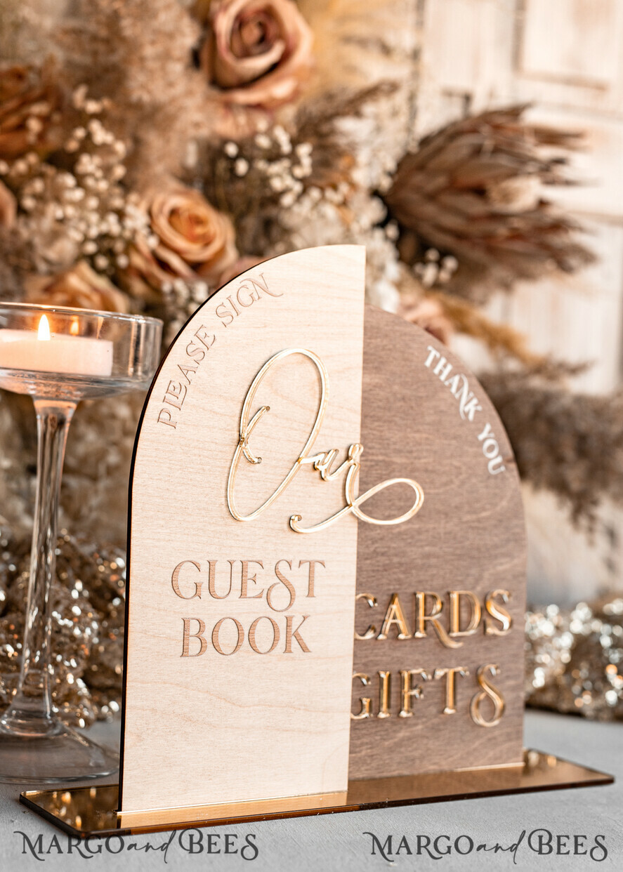 TISCHDEKORATIONSCHILDER   Holz Eco Rustikale Tischnummern Rustikale Holz Gold Acryl Geschenke & Karten Schilder mit Ständer, Holz gold Gästebuch Schild, Goldene Plexi Holz Geschenke & Karten Schilder, Luxuriöse Hochzeits Gästebuch Dekor Tischmittelpunkte.