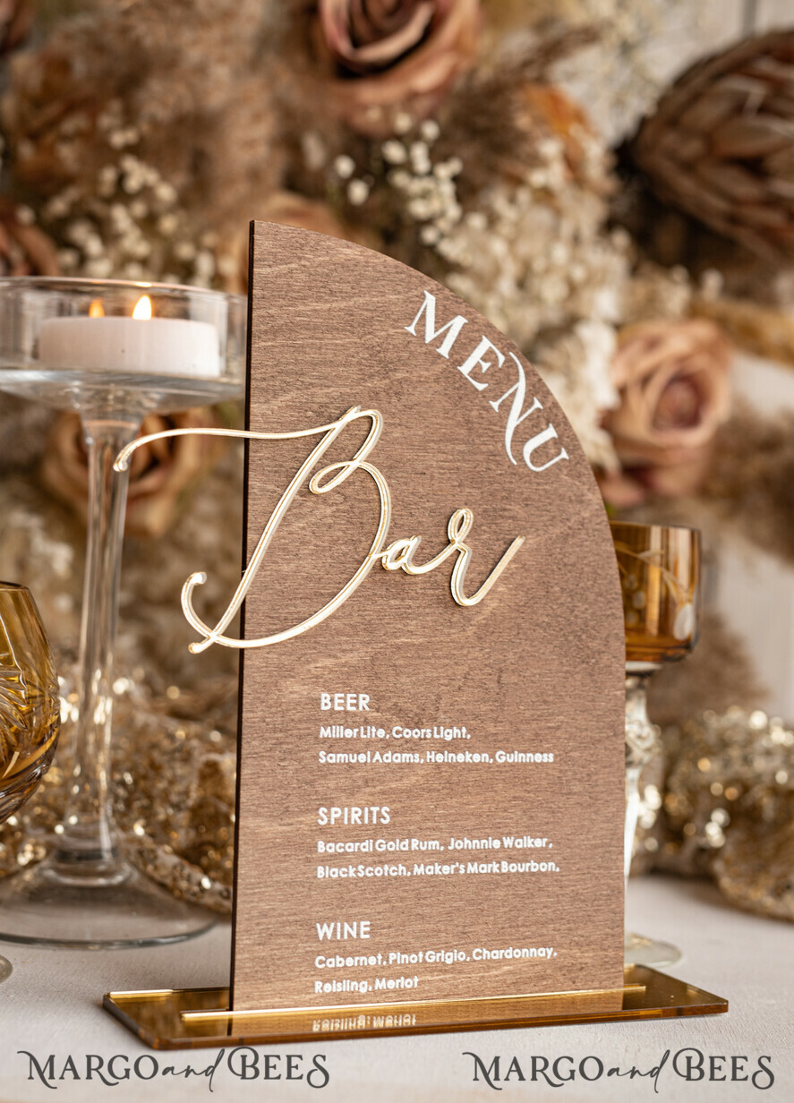 TISCHDEKORATIONSCHILDER   Holz Eco Rustikale Tischnummern Acrylbogen Menü, gold Plexi Elfenbein Samt Getränkebar Menü-Schild mit Stand, Beige Plexi Tischbar Menü Luxus Hochzeitstischdekoration, Hochzeitsschild Ecru Getränkebar Menü