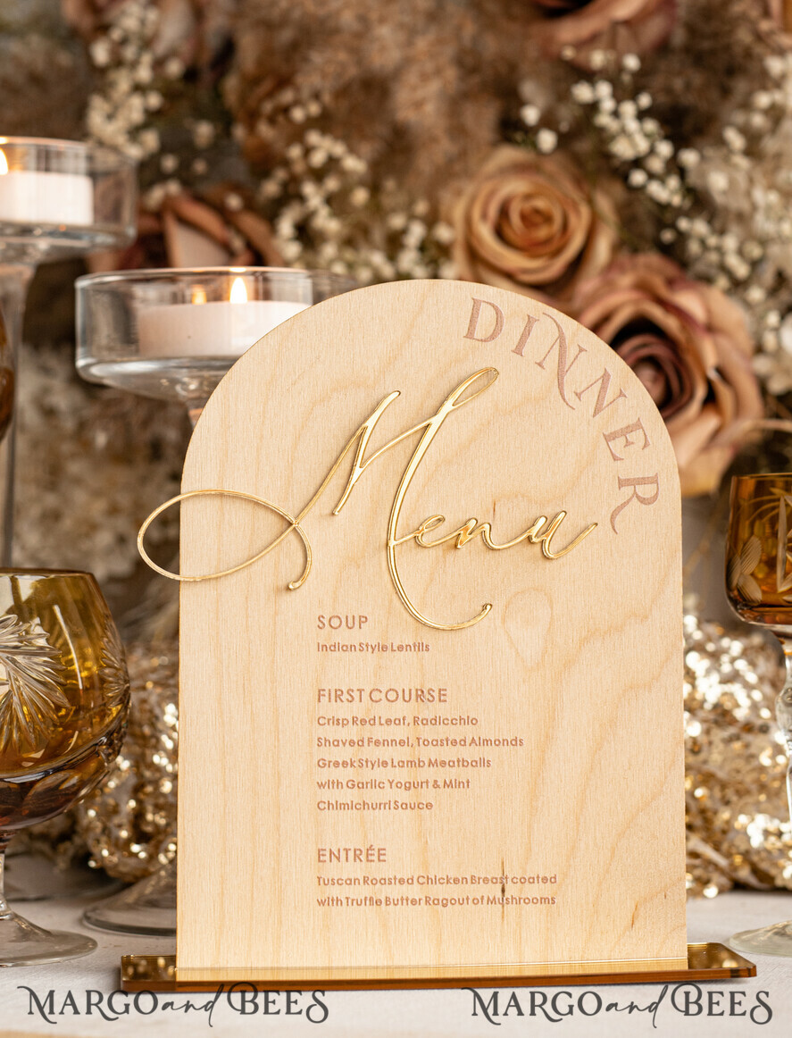 TISCHDEKORATIONSCHILDER   Holz Eco Rustikale Tischnummern Rustikaler Holzbogen Abendmenü, Holz- und Acryl-Gold Tischschild, Goldenes Scheunen-Plexi Hochzeitsmenü-Kombination Rustikales Boho Hochzeits-Tischdekor, Hochzeitsbeschilderung Goldener Spiegel-Tischmenüs