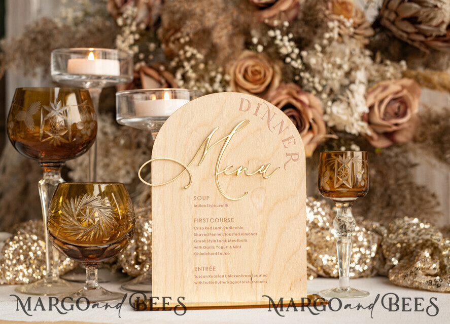 TISCHDEKORATIONSCHILDER   Holz Eco Rustikale Tischnummern Rustikaler Holzbogen Abendmenü, Holz- und Acryl-Gold Tischschild, Goldenes Scheunen-Plexi Hochzeitsmenü-Kombination Rustikales Boho Hochzeits-Tischdekor, Hochzeitsbeschilderung Goldener Spiegel-Tischmenüs