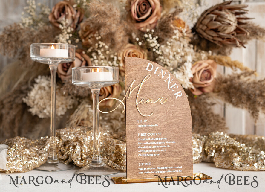 TISCHDEKORATIONSCHILDER   Holz Eco Rustikale Tischnummern Rustikales Holz-Halb-Bogen Dinner-Menü, Holz- und Acrylgold Tischschild, Goldene Scheunen-Plexi Hochzeitsmenü-Kombination Rustikales Boho Hochzeits-Tischdekor, Hochzeitsbeschilderung Goldener Spiegel Tischmenüs
