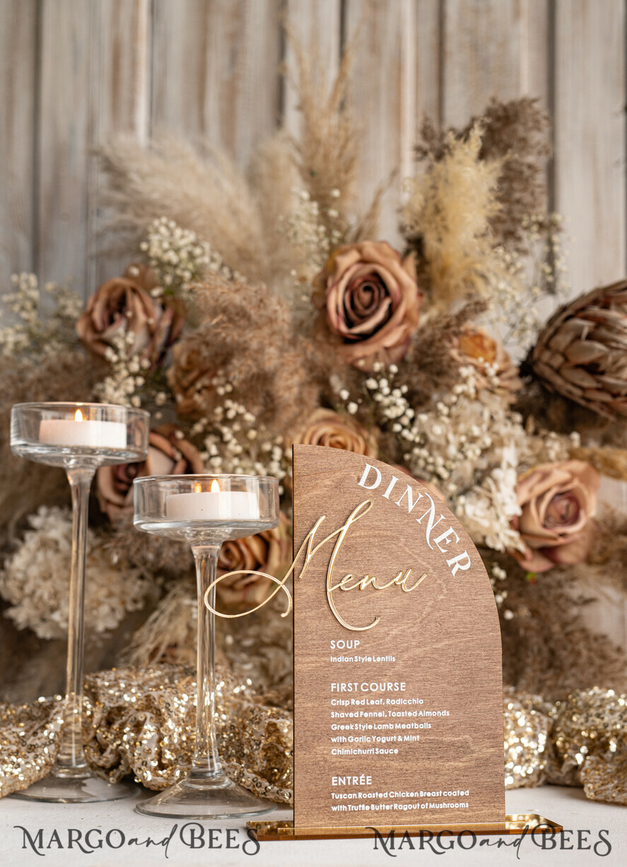 TISCHDEKORATIONSCHILDER   Holz Eco Rustikale Tischnummern Rustikales Holz-Halb-Bogen Dinner-Menü, Holz- und Acrylgold Tischschild, Goldene Scheunen-Plexi Hochzeitsmenü-Kombination Rustikales Boho Hochzeits-Tischdekor, Hochzeitsbeschilderung Goldener Spiegel Tischmenüs