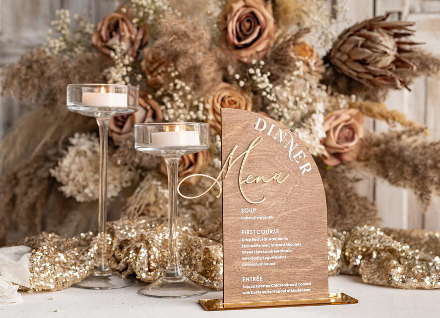 TISCHDEKORATIONSCHILDER   Holz Eco Rustikale Tischnummern Rustikales Holz-Halb-Bogen Dinner-Menü, Holz- und Acrylgold Tischschild, Goldene Scheunen-Plexi Hochzeitsmenü-Kombination Rustikales Boho Hochzeits-Tischdekor, Hochzeitsbeschilderung Goldener Spiegel Tischmenüs