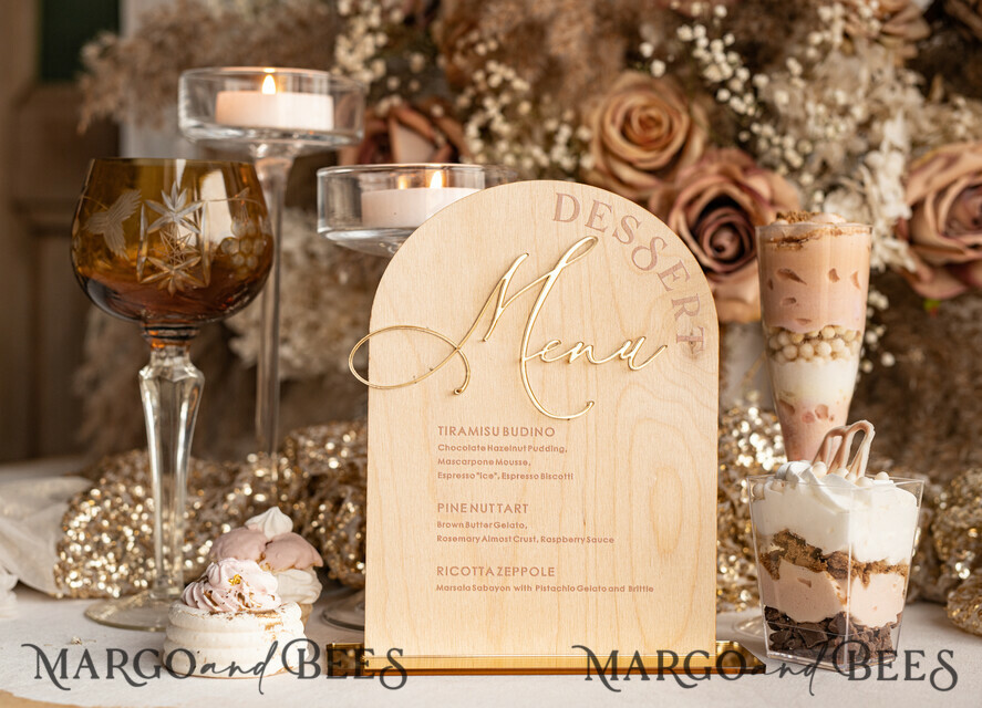 TISCHDEKORATIONSCHILDER   Holz Eco Rustikale Tischnummern Rustikaler Holzbogen Dessertmenü mit Ständer, Landhaus Holz Acryl Gold Süßigkeiten Bar Schild, Naturholz Gold Plexi Tisch Dessertmenü Hochzeits Tischdekoration, Hochzeitsbeschilderung Goldener Spiegel und Holz Süßigkeiten Bar Menü