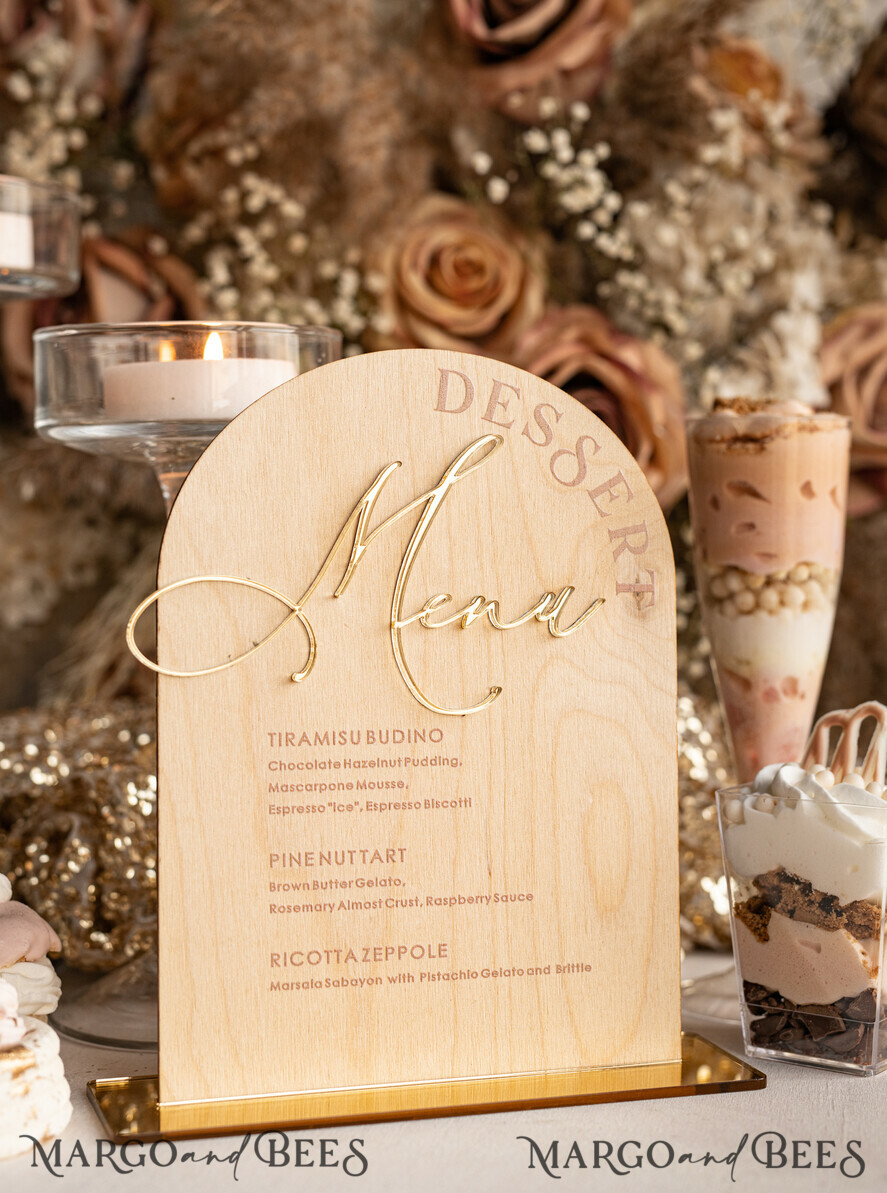 TISCHDEKORATIONSCHILDER   Holz Eco Rustikale Tischnummern Rustikaler Holzbogen Dessertmenü mit Ständer, Landhaus Holz Acryl Gold Süßigkeiten Bar Schild, Naturholz Gold Plexi Tisch Dessertmenü Hochzeits Tischdekoration, Hochzeitsbeschilderung Goldener Spiegel und Holz Süßigkeiten Bar Menü